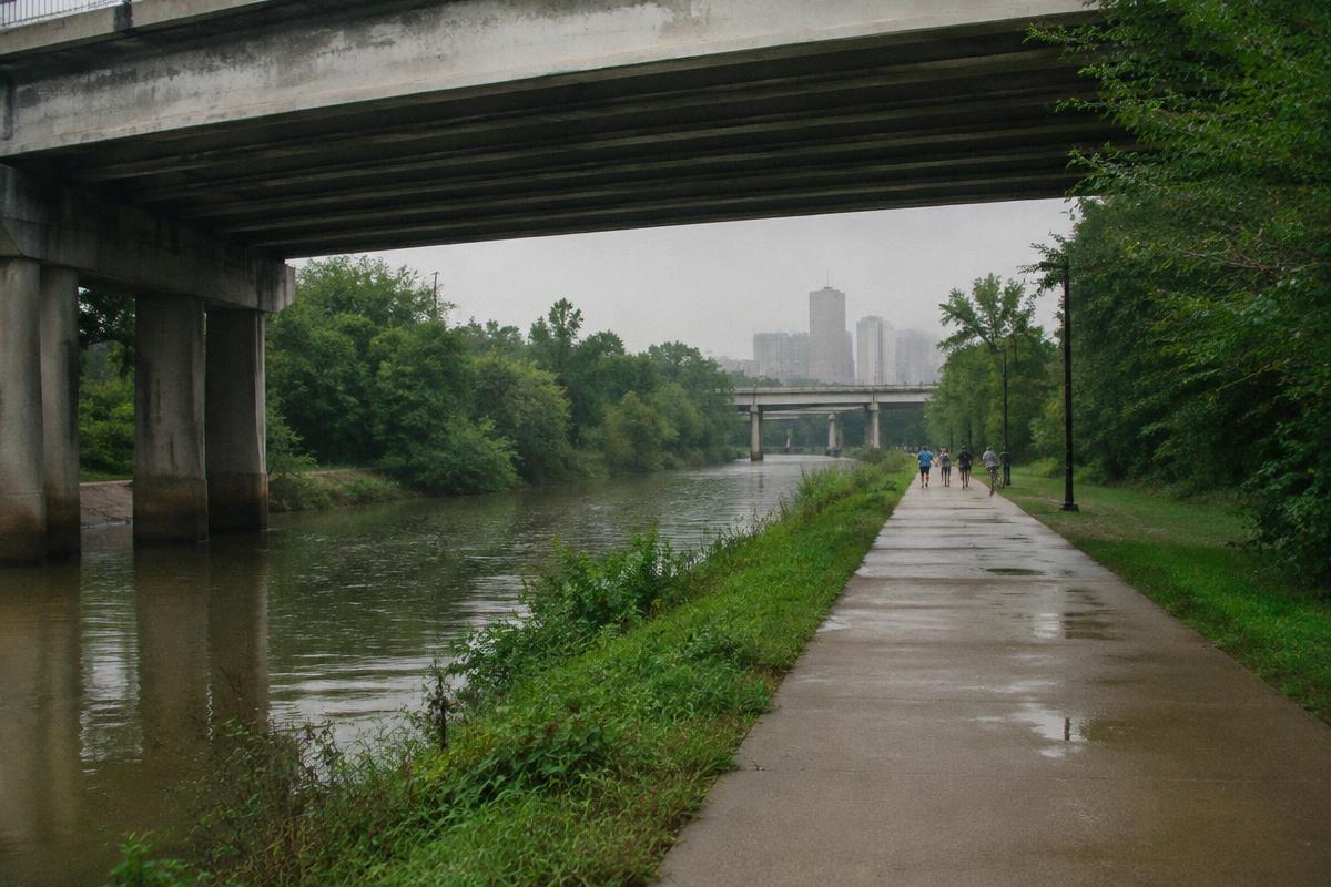 Buffalo Bayou trail under a highway bridge with joggers and the downtown skyline in the distance