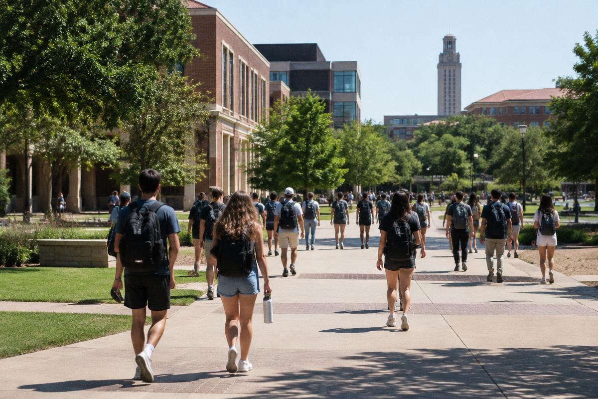 Students walking across a sunny Texas university quad