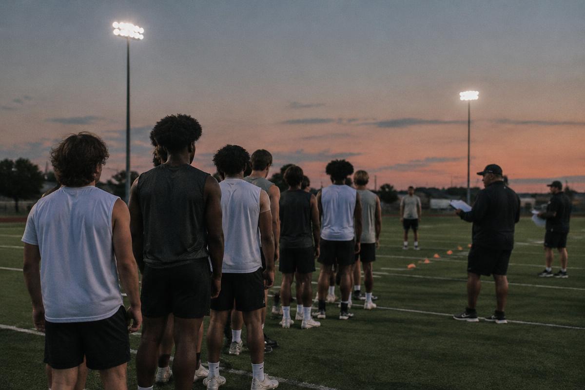 High school athletes lined up at an evening football combine while coaches take notes