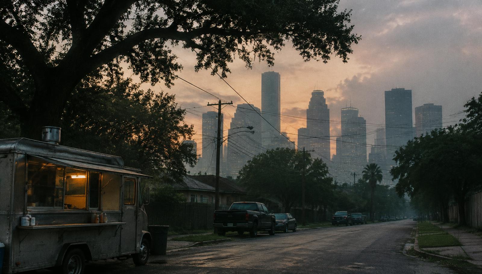 Houston skyline seen from a neighborhood street with a taco truck and live oaks